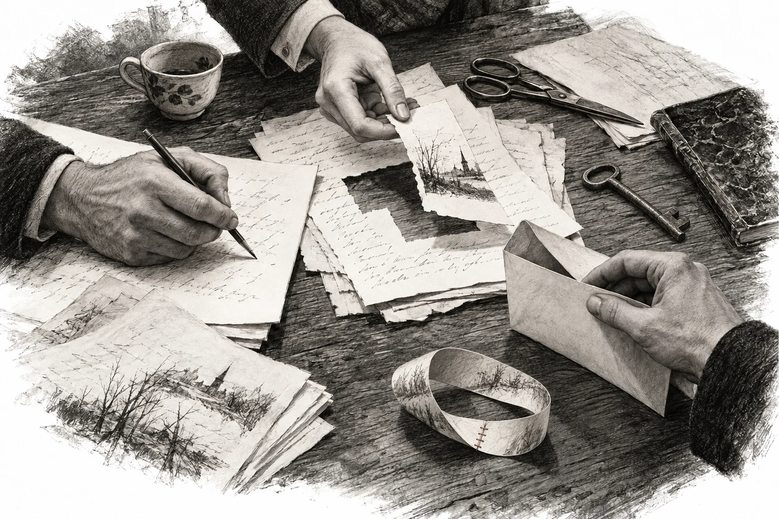 Hands, papers, a key, and a stitched loop of paper on the editors’ table.